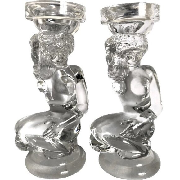 set of 2 clear art glass vintage risque candle holders two nude ladies - Picture 1 of 16